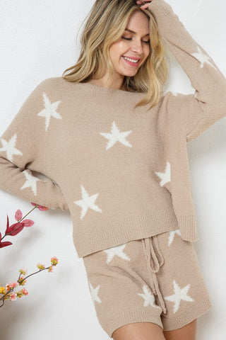 Hot Girl Snuggy Soft Long Sleeve Star Print Top And Short Lounge Set