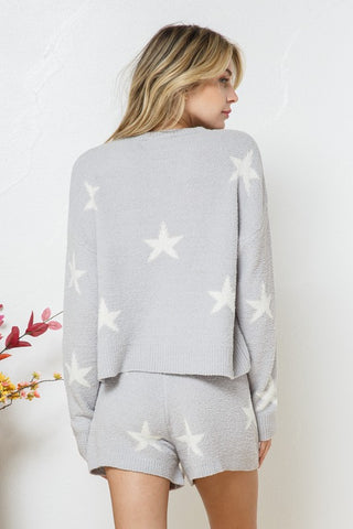 Hot Girl Snuggy Soft Long Sleeve Star Print Top And Short Lounge Set