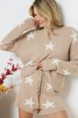 Hot Girl Snuggy Soft Long Sleeve Star Print Top And Short Lounge Set