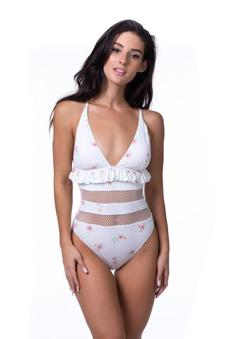 Hot Girl Floral Ruffle Trim Mesh One Piece Swimsuit In White