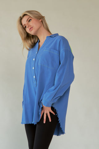 Hot Girl X Davi & Dani Amor Raw Hem Half Button Long Sleeve Shirt