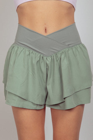 Hot Girl V-Shaped High Waist Layered Active Shorts In Sage