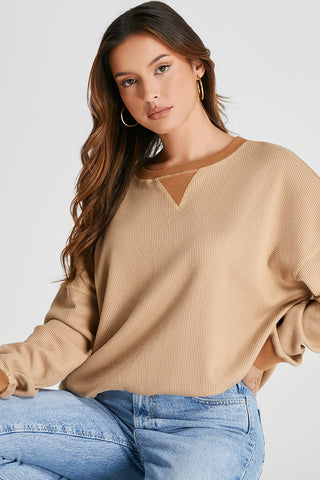 Hot Girl Waffle Knit Contrast Trim Sweatshirt