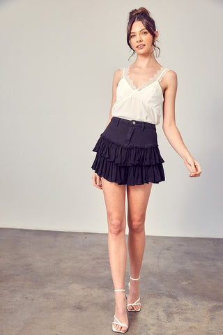 Hot Girl Shirred Frill Detail Denim Skort