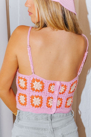 Hot Girl Boho Babe Crochet Floral Crop Top In Pink