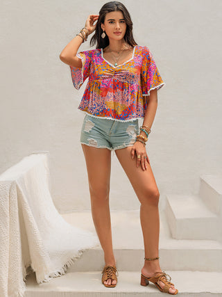 Hot Girl Ruched Printed Half Lace Trim Short Sleeve Blouse