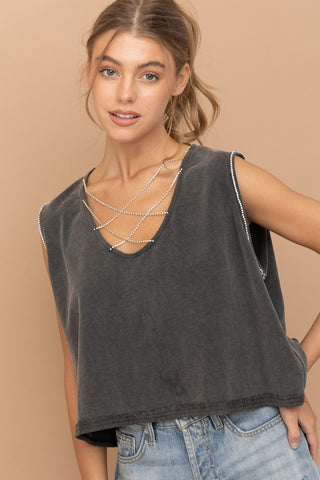 Hot Girl Mineral Washed Rhinestone Chain Cotton Tank