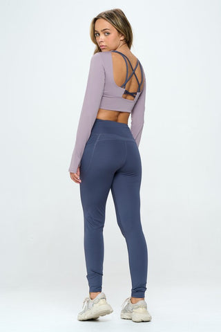 Hot Girl Revive Long Sleeve Open Back Top And Leggings Two Toned  Activewear Set