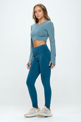 Hot Girl Revive Long Sleeve Open Back Top And Leggings Two Toned  Activewear Set