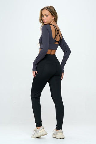 Hot Girl Revive Long Sleeve Open Back Top And Leggings Two Toned  Activewear Set