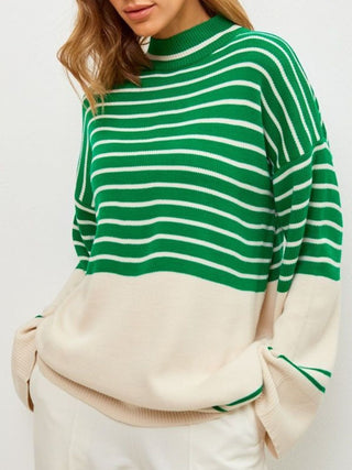 Hot Girl Cardona Contrast Striped Mock Neck Bell Sleeve Sweater