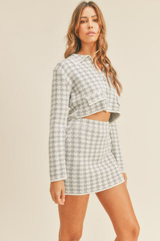 Hot Girl MABLE Houndstooth Cropped Knit Cardigan and Mini Skirt Set In Grey