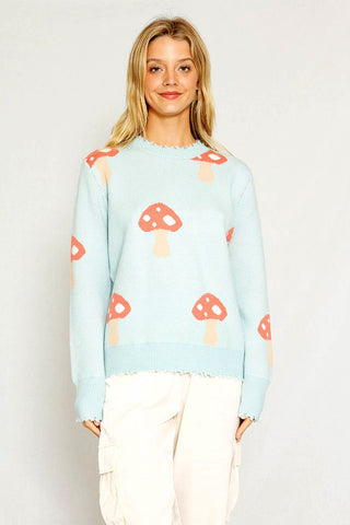 Hot Girl Mushroom Distressed Hem Knit Sweater in Light Blue