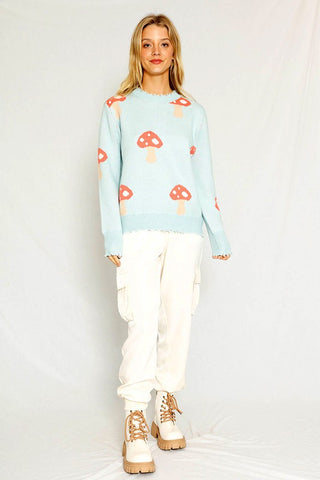 Hot Girl Mushroom Distressed Hem Knit Sweater in Light Blue