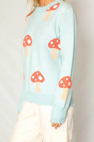 Hot Girl Mushroom Distressed Hem Knit Sweater in Light Blue