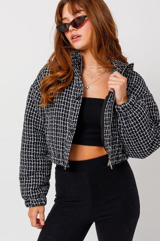 Hot Girl Tweed Cropped Puffer Jacket In Black