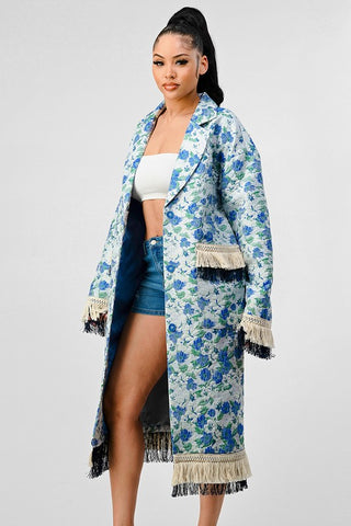 Hot Girl Athina Garden Floral Tasseled Trench Coat In Blue