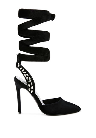 Hot Girl Wallis Velvet Diamante Stud Tie Up Stilleto Suede Heels