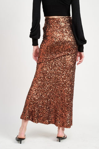 Hot Girl Starlet Sequin Side Slit Maxi Skirt In Brown