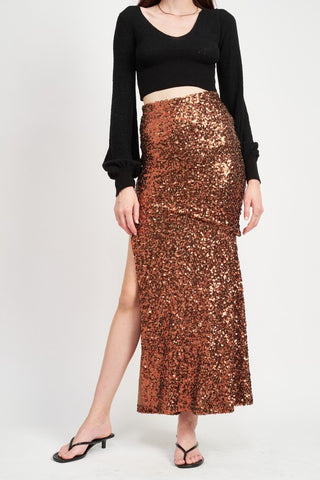 Hot Girl Starlet Sequin Side Slit Maxi Skirt In Brown