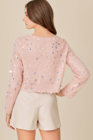 Hot Girl Shimmer Trim Faux Feather Long Sleeve Crop Top In Pink