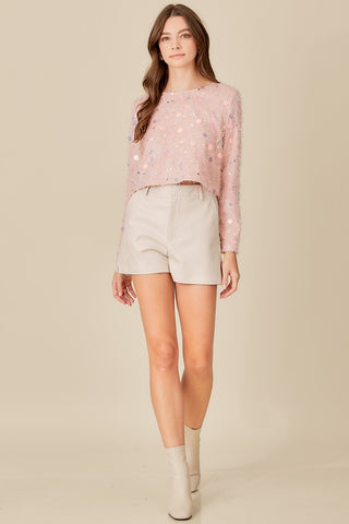 Hot Girl Shimmer Trim Faux Feather Long Sleeve Crop Top In Pink