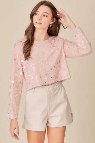 Hot Girl Shimmer Trim Faux Feather Long Sleeve Crop Top In Pink