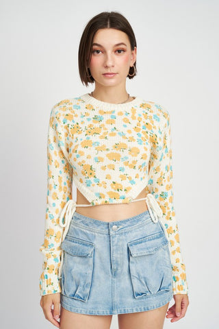 Hot Girl Tangerine Dream Side Cut Drawstring Floral Cropped Long Sleeve Top In Cream