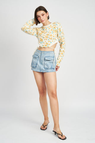 Hot Girl Tangerine Dream Side Cut Drawstring Floral Cropped Long Sleeve Top In Cream