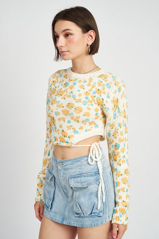 Hot Girl Tangerine Dream Side Cut Drawstring Floral Cropped Long Sleeve Top In Cream