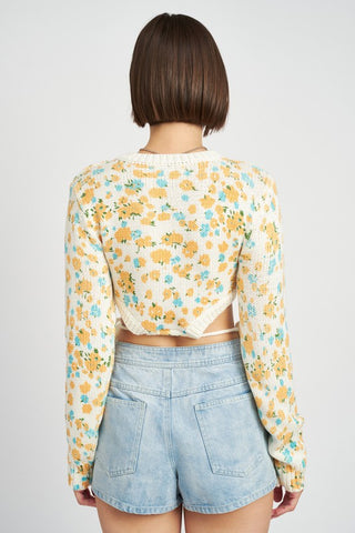 Hot Girl Tangerine Dream Side Cut Drawstring Floral Cropped Long Sleeve Top In Cream