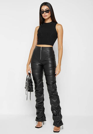 Hot Girl Street Cred Scrunched Faux Leather Pants In Black