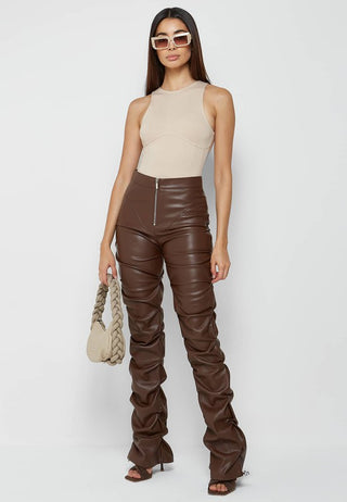 Hot Girl Street Cred Scrunched Faux Leather Pants In Brown