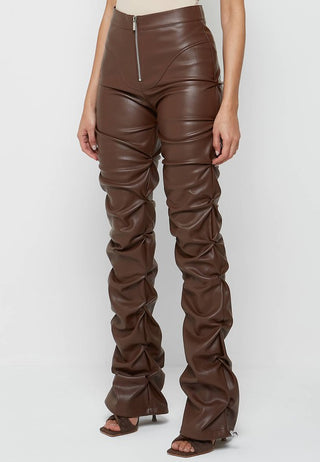 Hot Girl Street Cred Scrunched Faux Leather Pants In Brown