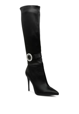 Hot Girl Lovestruck Rhinestone Buckle High Calf Satin Boots