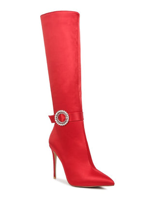 Hot Girl Lovestruck Rhinestone Buckle High Calf Satin Boots