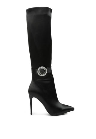 Hot Girl Lovestruck Rhinestone Buckle High Calf Satin Boots