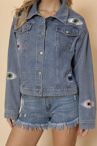 Hot Girl Evil Eye Embroidered Denim Jacket In Medium Wash