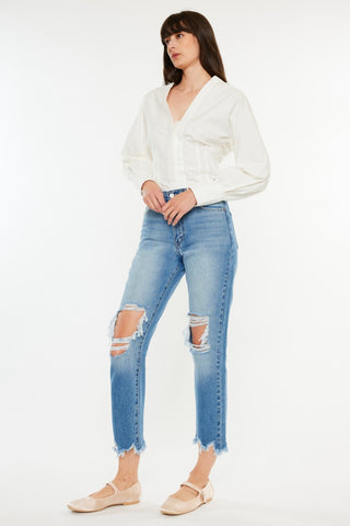 Hot Girl X Kancan Distressed Frayed Hem Cropped Jeans In Medium Wash