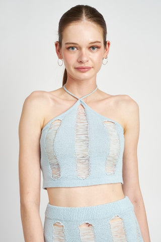 Hot Girl Laddered Halter Neck Crop Top In Light Blue