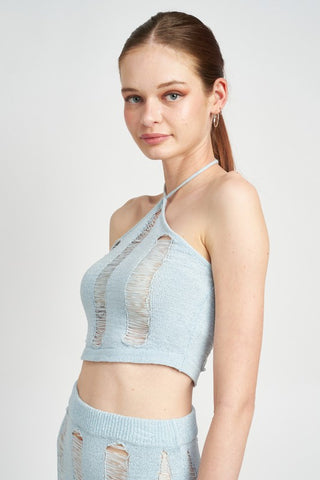 Hot Girl Laddered Halter Neck Crop Top In Light Blue