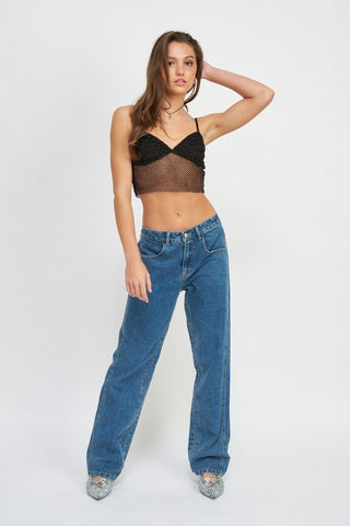 Hot Girl Jagged Edge Mesh Detail Spaghetti Strap Crop Top In Black