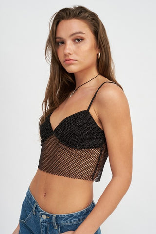 Hot Girl Jagged Edge Mesh Detail Spaghetti Strap Crop Top In Black