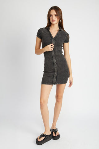 Hot Girl Front Seam Collared Cotton Mini Dress