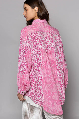 Hot Girl Button Down Paisley Print Pink Long Sleeve Shirt