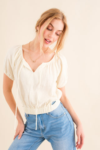 Hot Girl The Why Back Tie Cropped Blouse In Cream - Hot Girl Apparel