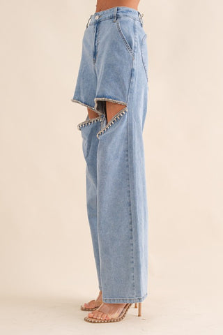 Hot Girl Washed Denim Front Cut Rhinestone Wide Leg Jeans