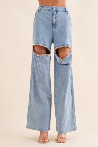 Hot Girl Washed Denim Front Cut Rhinestone Wide Leg Jeans