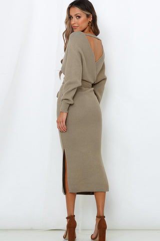 Hot Girl Surplice Neck Bow Waist Slit Sweater Midi Dress