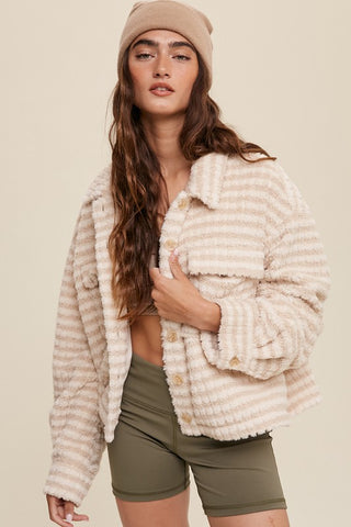 Hot Girl Fuzzy Stripes Fleece Shacket In Cream